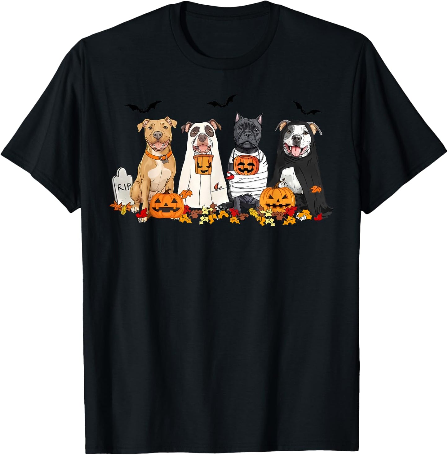 Pit Bull Dogs Ghost Witch Mummy Halloween Pumpkins Spooky T-Shirt - T-Shirt | Black