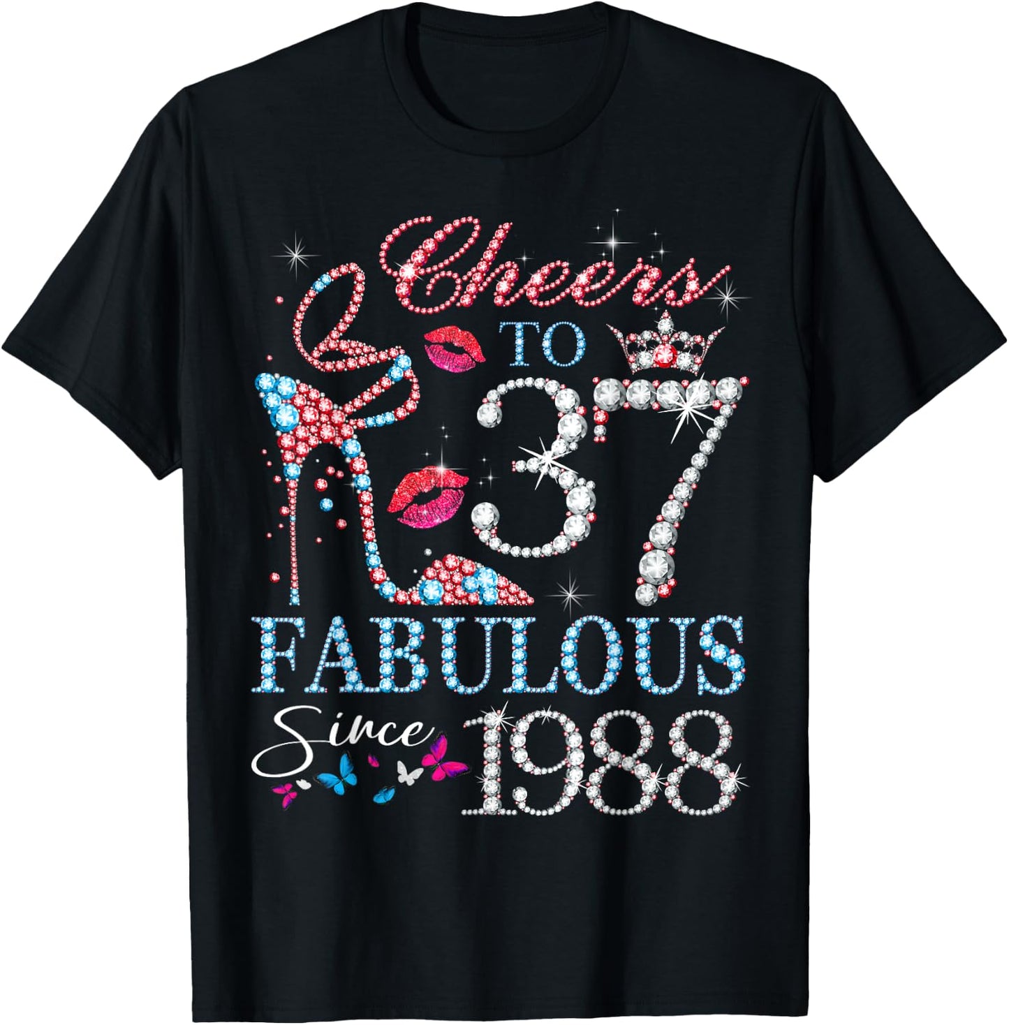 Cheers to 37 Years Old EST 1988 37th Birthday Queen T-Shirt - T-Shirt | Black
