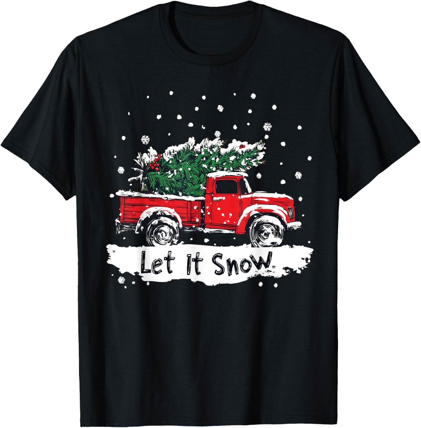 Let It Snow Vintage Family Matching Christmas Tree Red Truck T-Shirt - T-Shirt | Black
