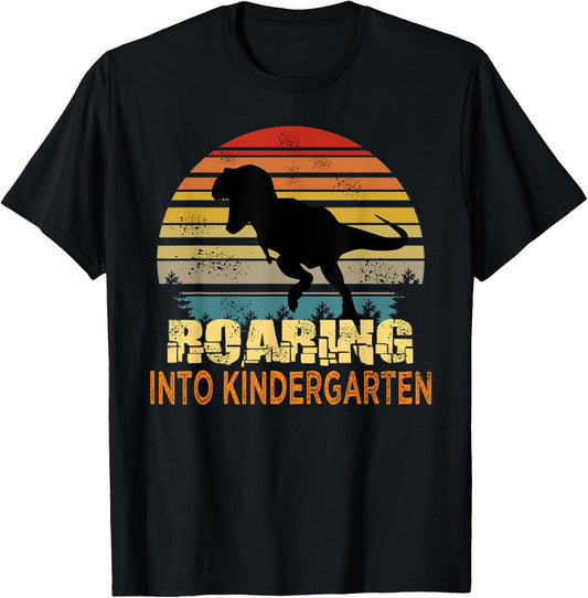 Roaring Into Kindergarten Dinosaur 1st Day Back To School T-Shirt - T-Shirt | Black