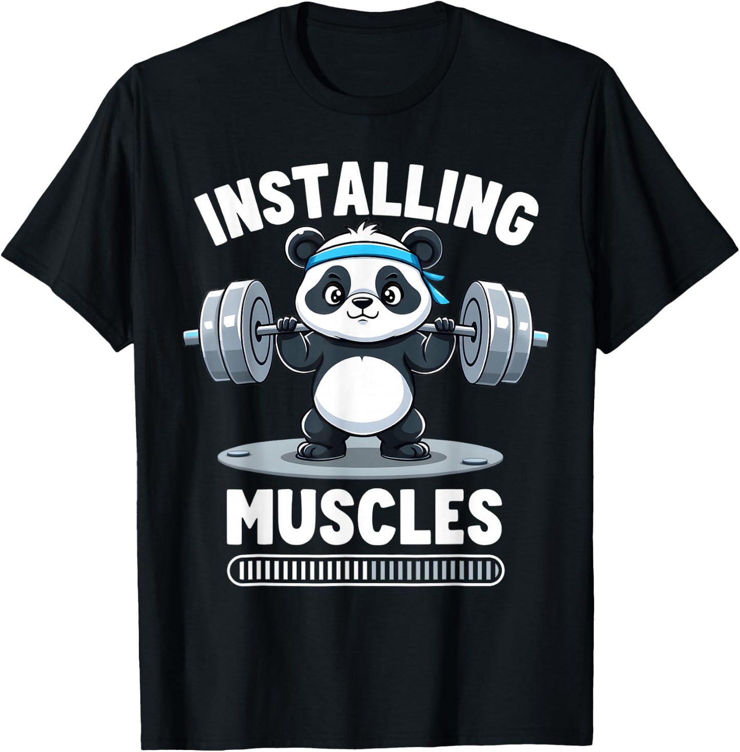 Installing Muscles Please Wait Panda Gym Barbell Fun Athlete T-Shirt - T-Shirt | Black