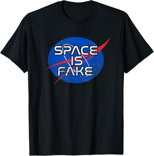 "SPACE IS FAKE" Funny Space Conspiracy Meme T-Shirt - T-Shirt | Black