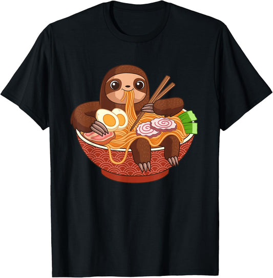 Kawaii Cute Anime Sloth Otaku Japanese Ramen Noodles T-Shirt - T-Shirt | Black