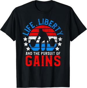 Life Liberty Pursuit of Gains Funny Workout Weight Lifting T-Shirt - T-Shirt | Black