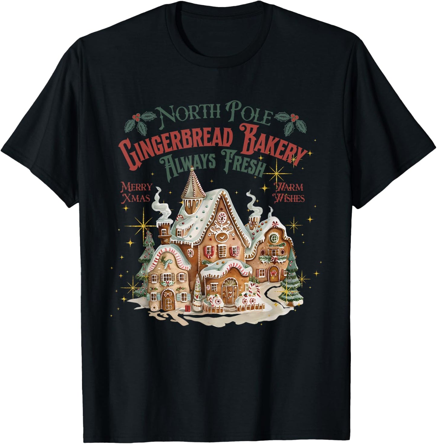Retro Vintage North Pole Gingerbread Bakery Merry Christmas T-Shirt - T-Shirt | Black