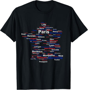 France Silhouette Map Flag French Towns Cities Travel Europe T-Shirt - T-Shirt | Black