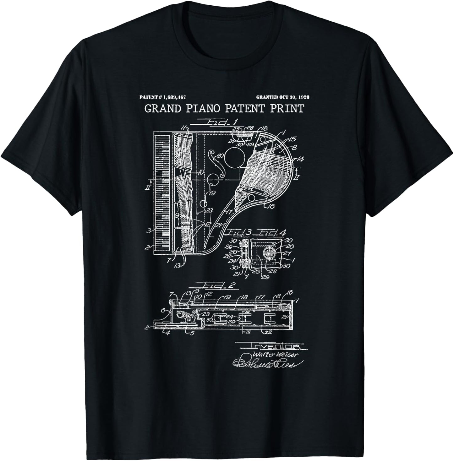 Grand Piano Patent Print 1928 - Vintage Patent Music Art T-Shirt - T-Shirt | Black