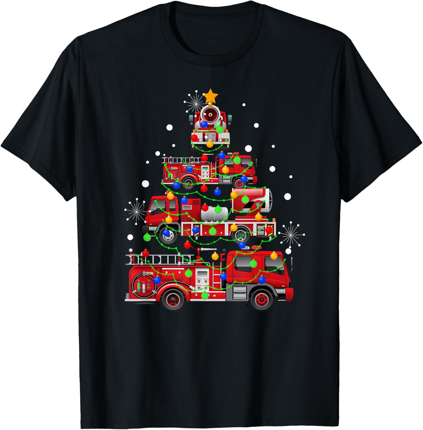 Funny Christmas Decor Firefighter Truck Christmas Tree T-Shirt - T-Shirt | Black