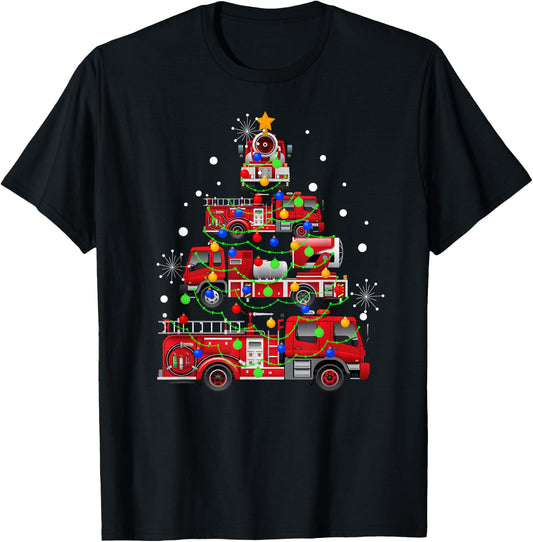Funny Christmas Decor Firefighter Truck Christmas Tree T-Shirt - T-Shirt | Black