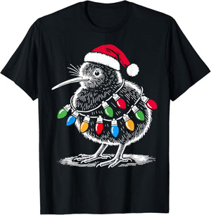 Vintage Kiwi Bird Santa Hat Christmas Light Birding Animal T-Shirt - T-Shirt | Black