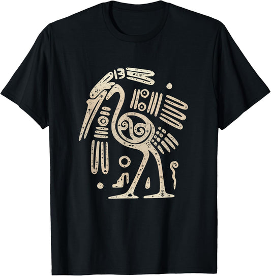 Mayan Indian Heron Crane Ancient Tribal Abstract Bird Style T-Shirt - T-Shirt | Black