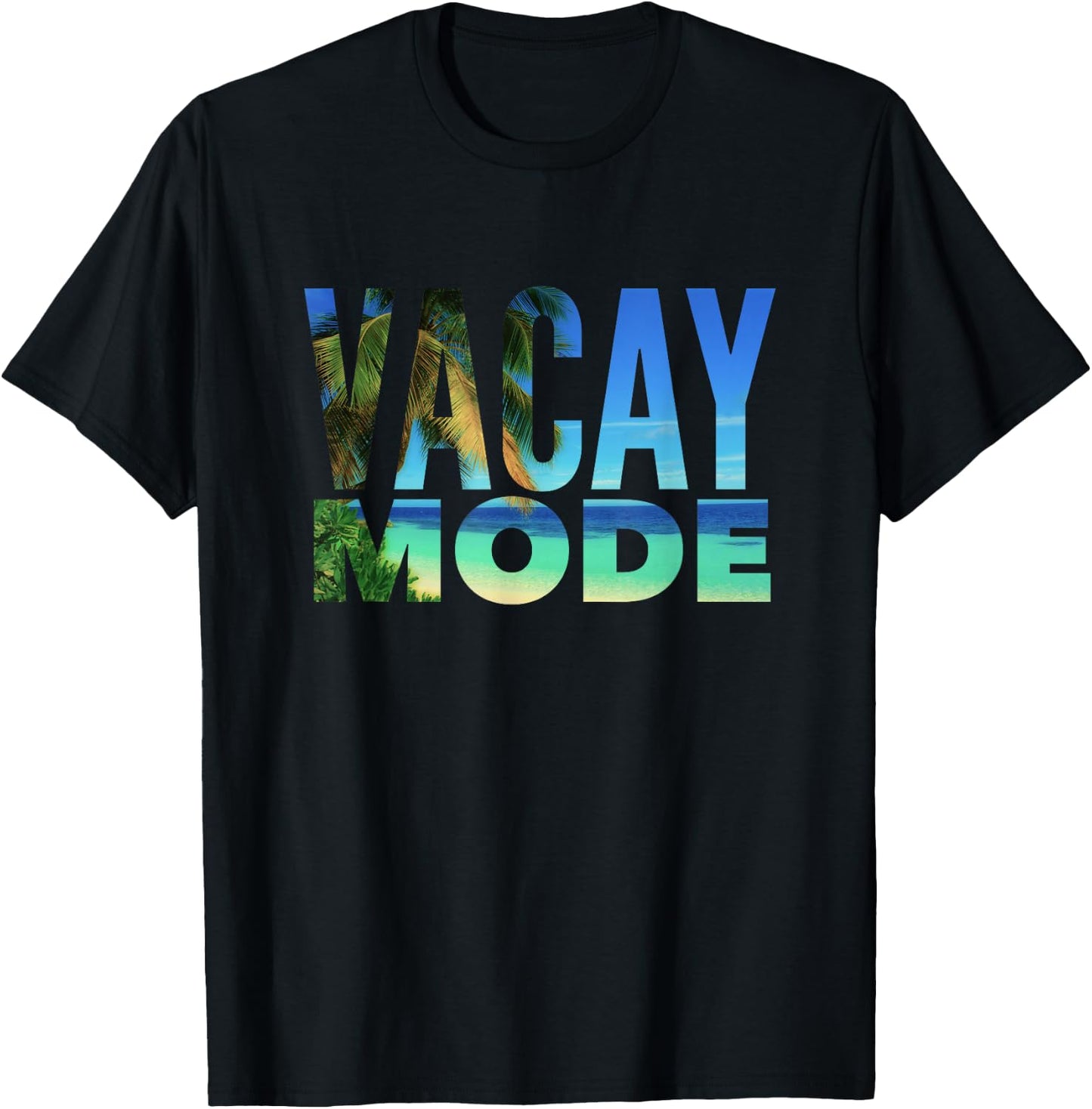 Vacay Mode Summer Vacation Tropical Beach Palm Trees & Ocean T-Shirt - T-Shirt | Black