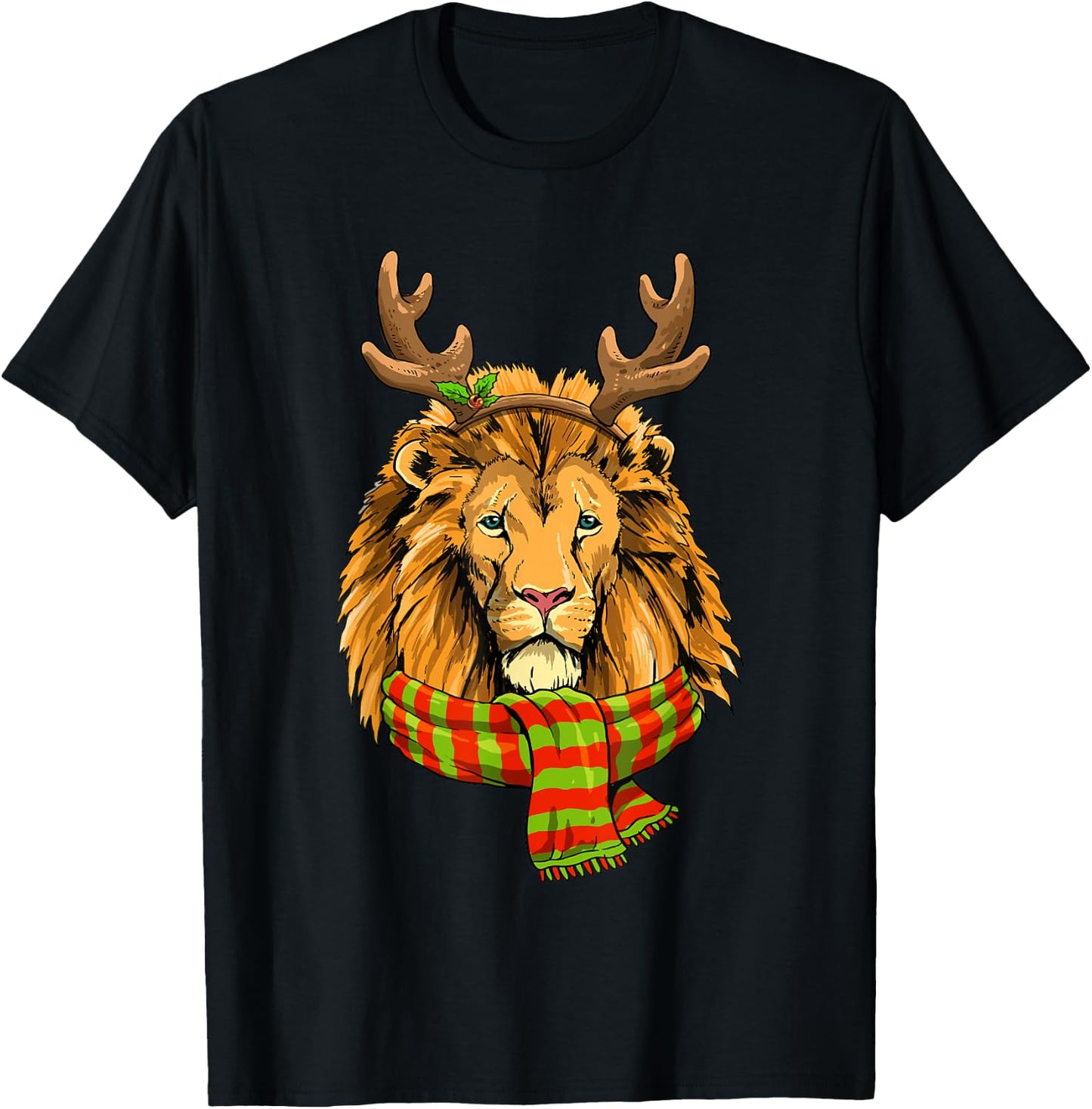 Christmas Lion Head Reindeer Xmas Wildlife Animal Face T-Shirt - T-Shirt | Black