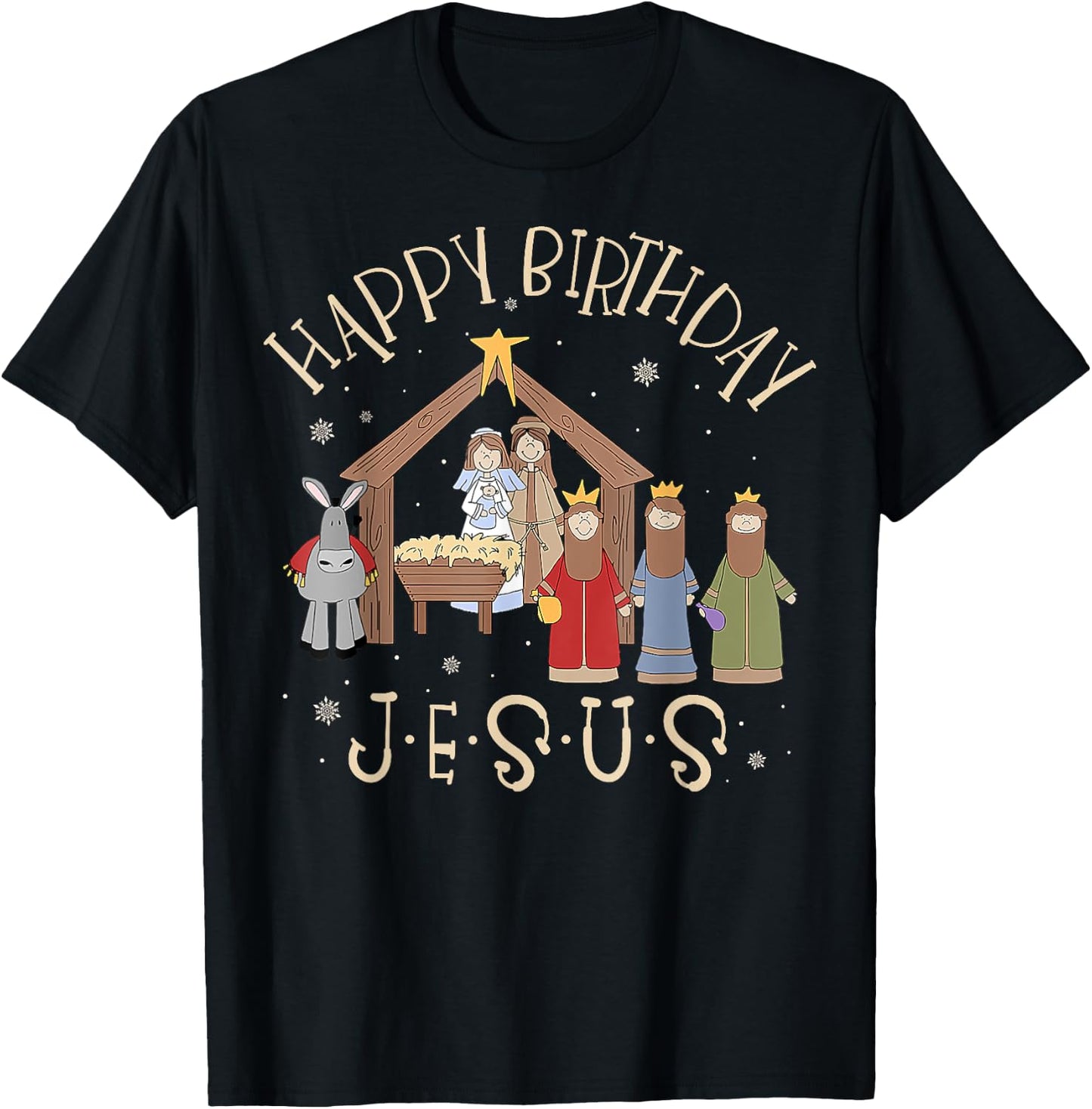 Merry Christmas -Christian Family Group Children Nativity Happy Birthday Jesus Christmas Nativity Christian Black Small Short Sleeve Cotton Blend T-Shirt - T-Shirt | Black