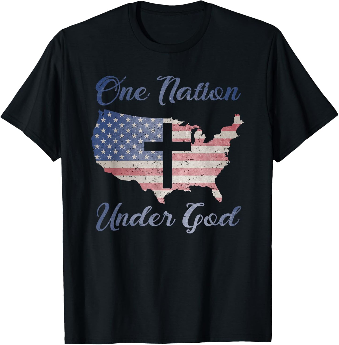 ONE NATION UNDER GOD Christian Cross American Flag USA Map T-Shirt - T-Shirt | Black