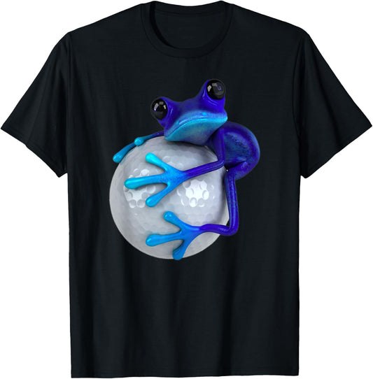 Cute Blue Frog Hugging Shiny Golf Ball T-Shirt - T-Shirt | Black
