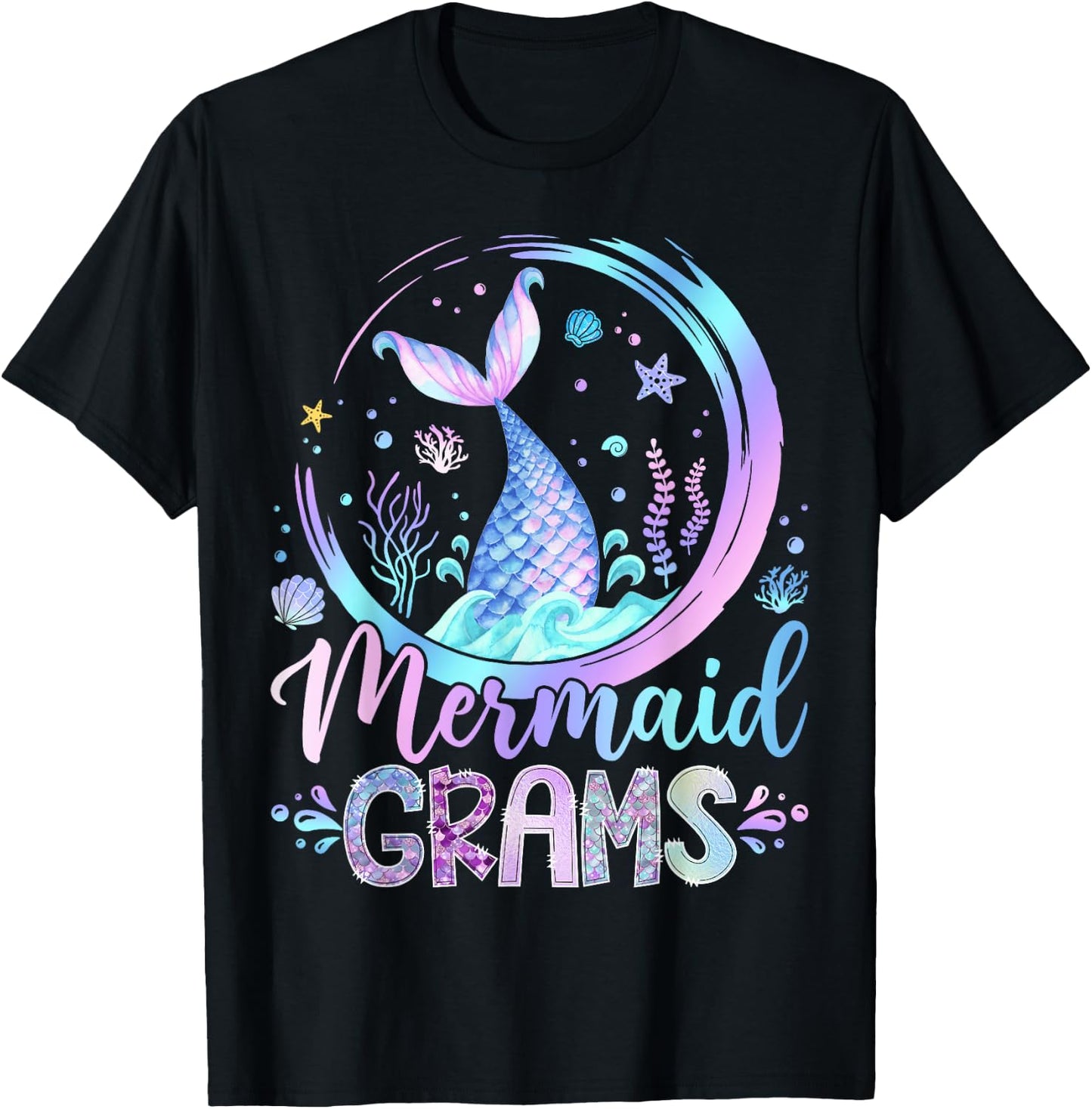 Mermaid Grams Family Matching Girl Birthday Party T-Shirt - T-Shirt | Black