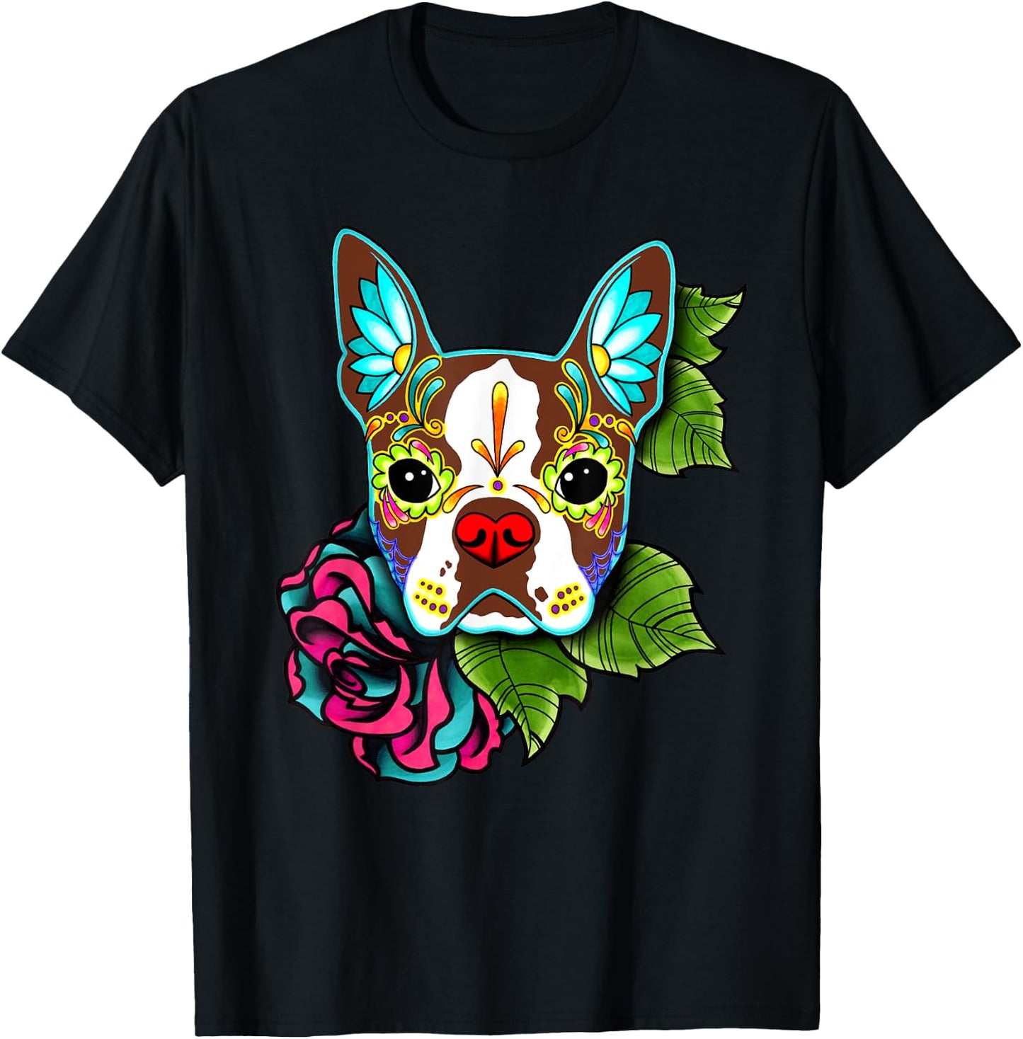 Boston Terrier in Red - Day of the Dead Sugar Skull Dog T-Shirt - T-Shirt | Black