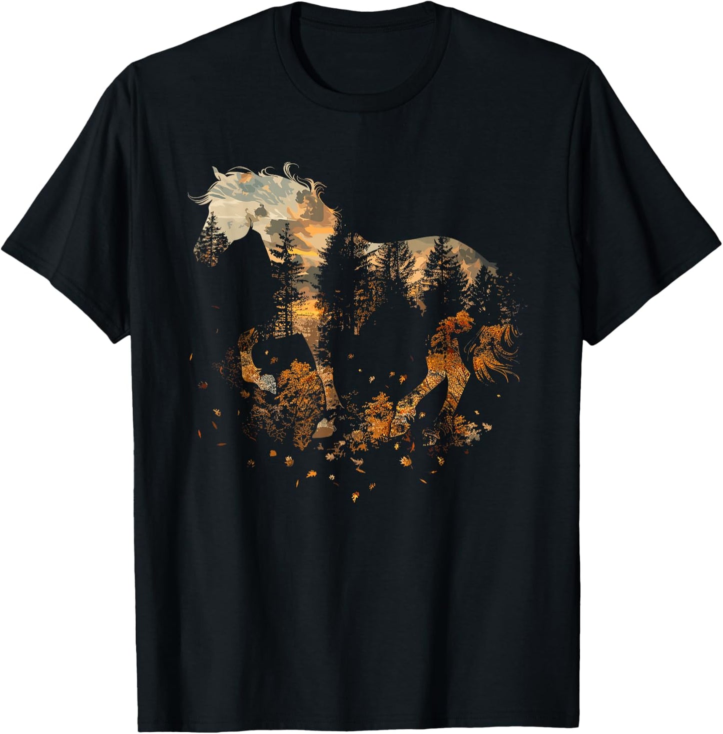 Cute Horse Lover Autumn Leaves Pony Animal Wildlife T-Shirt - T-Shirt | Black