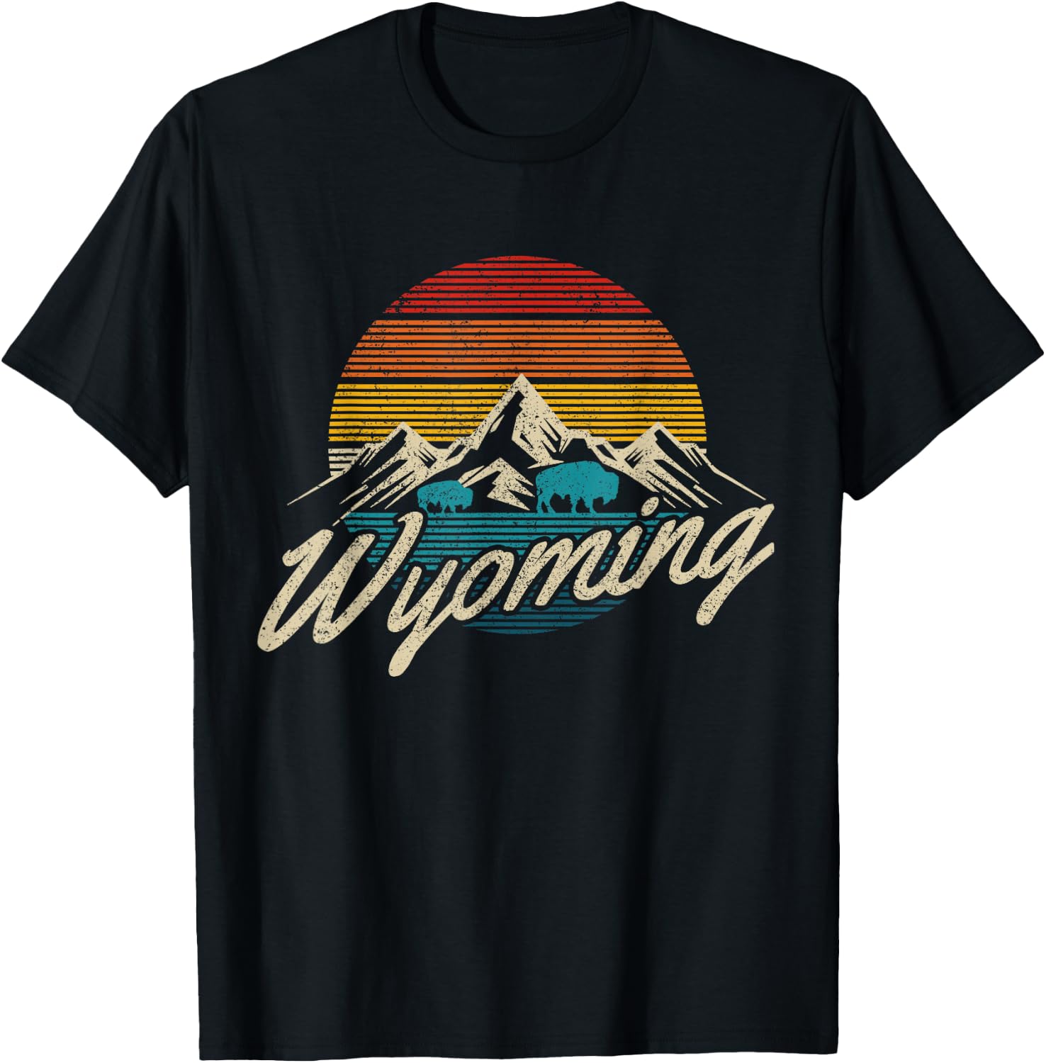 Wyoming Vintage Mountains Bison American Buffalo Gift T-Shirt - T-Shirt | Black