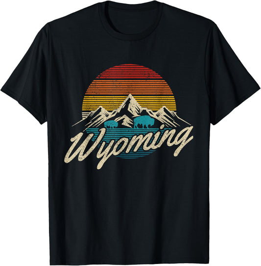 Wyoming Vintage Mountains Bison American Buffalo Gift T-Shirt - T-Shirt | Black