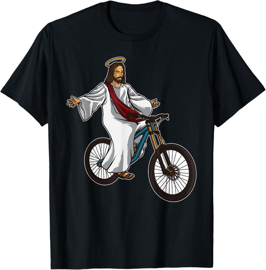 Funny Jesus Bicycle Illustration Riding a Mountainbike T-Shirt - T-Shirt | Black