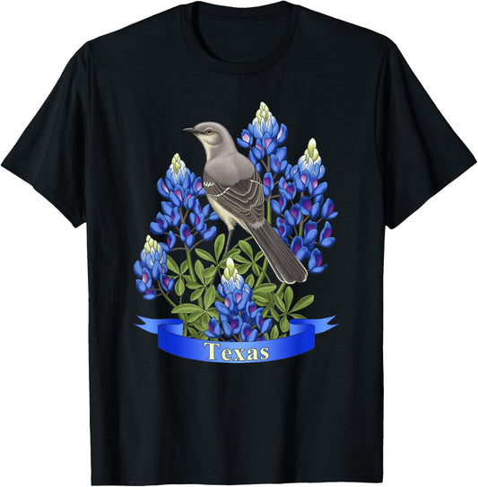 State Bird & Flower Texas Mockingbird & Lupine T-Shirt - T-Shirt | Black