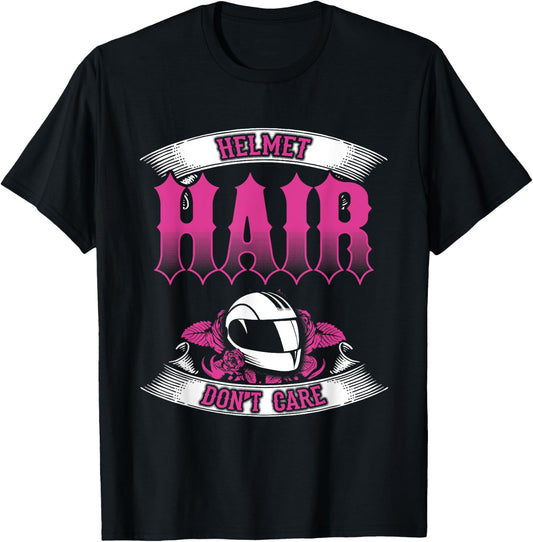 Biker Chick Shirt Motorcycle Helmet Hair Dont Care Pink T-Shirt - T-Shirt | Black