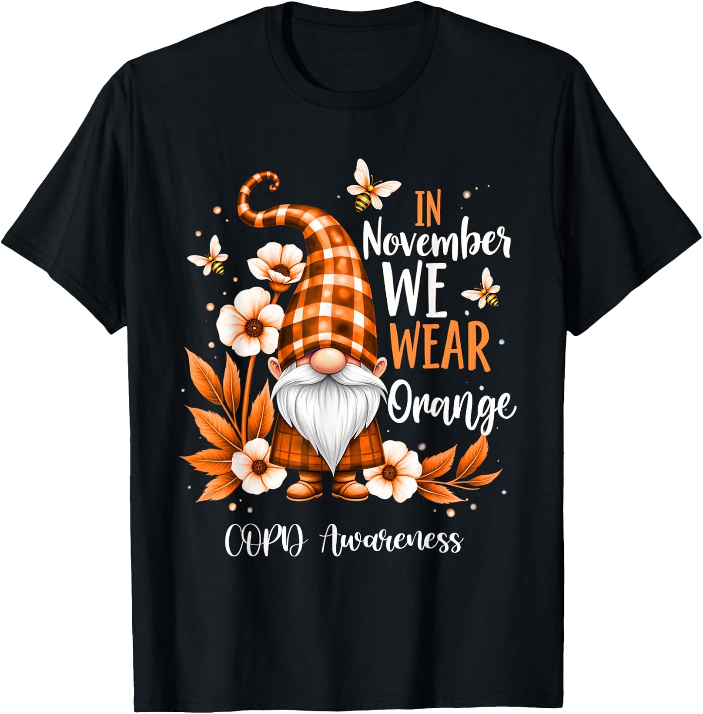 COPD Awareness Gnome In We Wear Orange Men Women Support T-Shirt - T-Shirt | Black