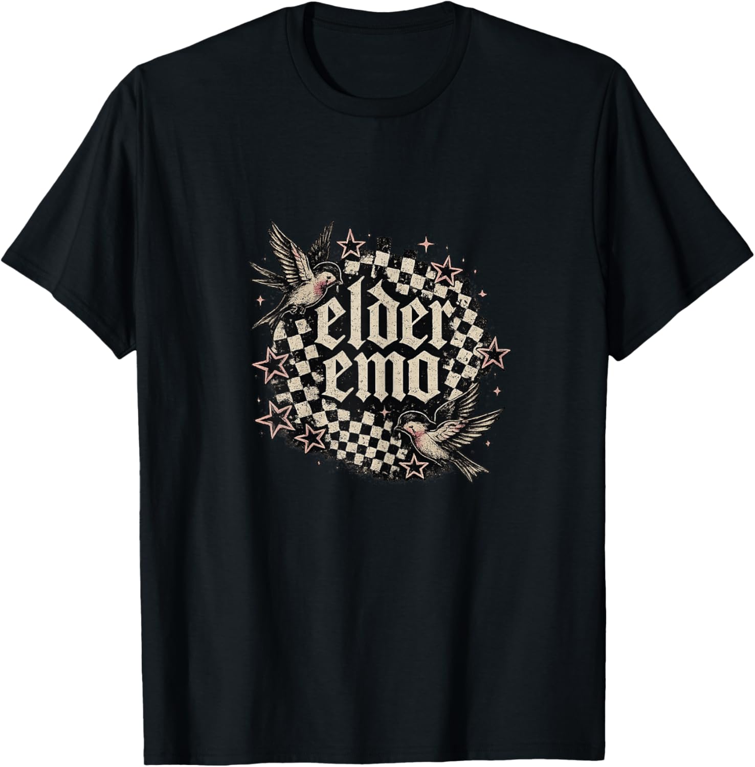 Elder Emo Sparrow Checkerboard Old English Vintage Graphic T-Shirt - T-Shirt | Black