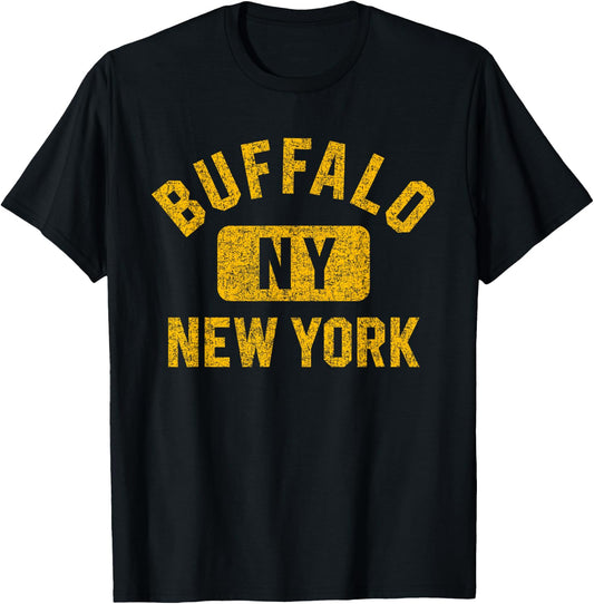 Buffalo New York Gym Style Distressed Amber Print T-Shirt - T-Shirt | Black
