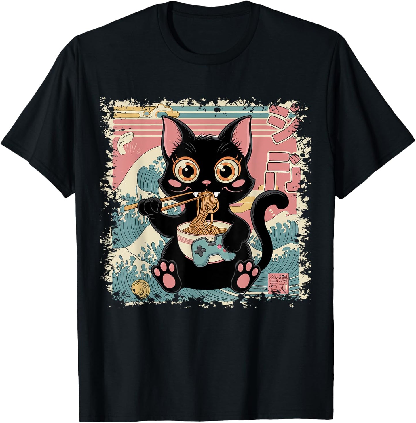 Cat Ramen Gaming Japanese Funny Graphic Kawaii Cat Anime T-Shirt - T-Shirt | Black