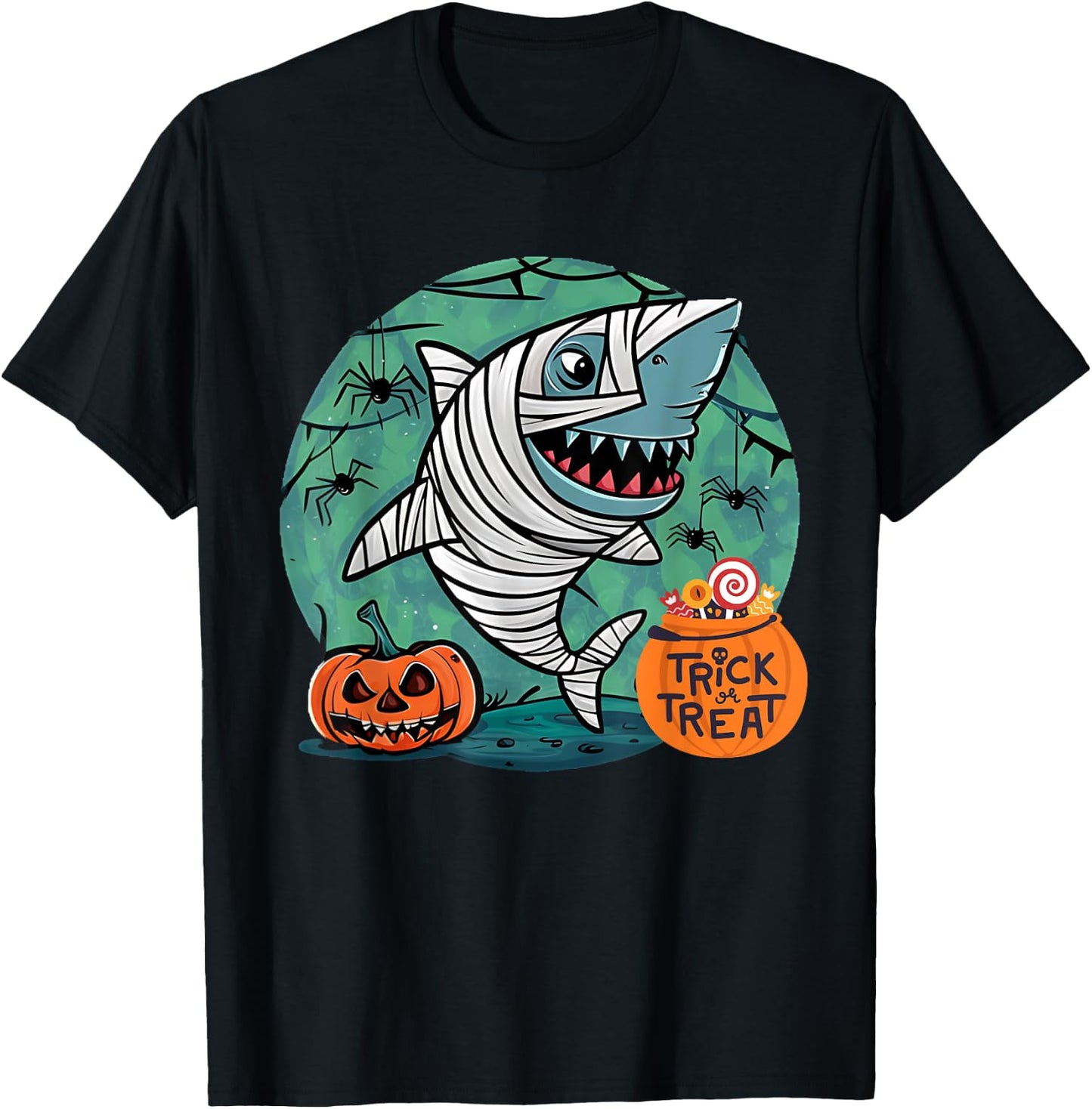 Mummy Shark Scary Spooky Season Funny Halloween Costume Crew T-Shirt - T-Shirt | Black