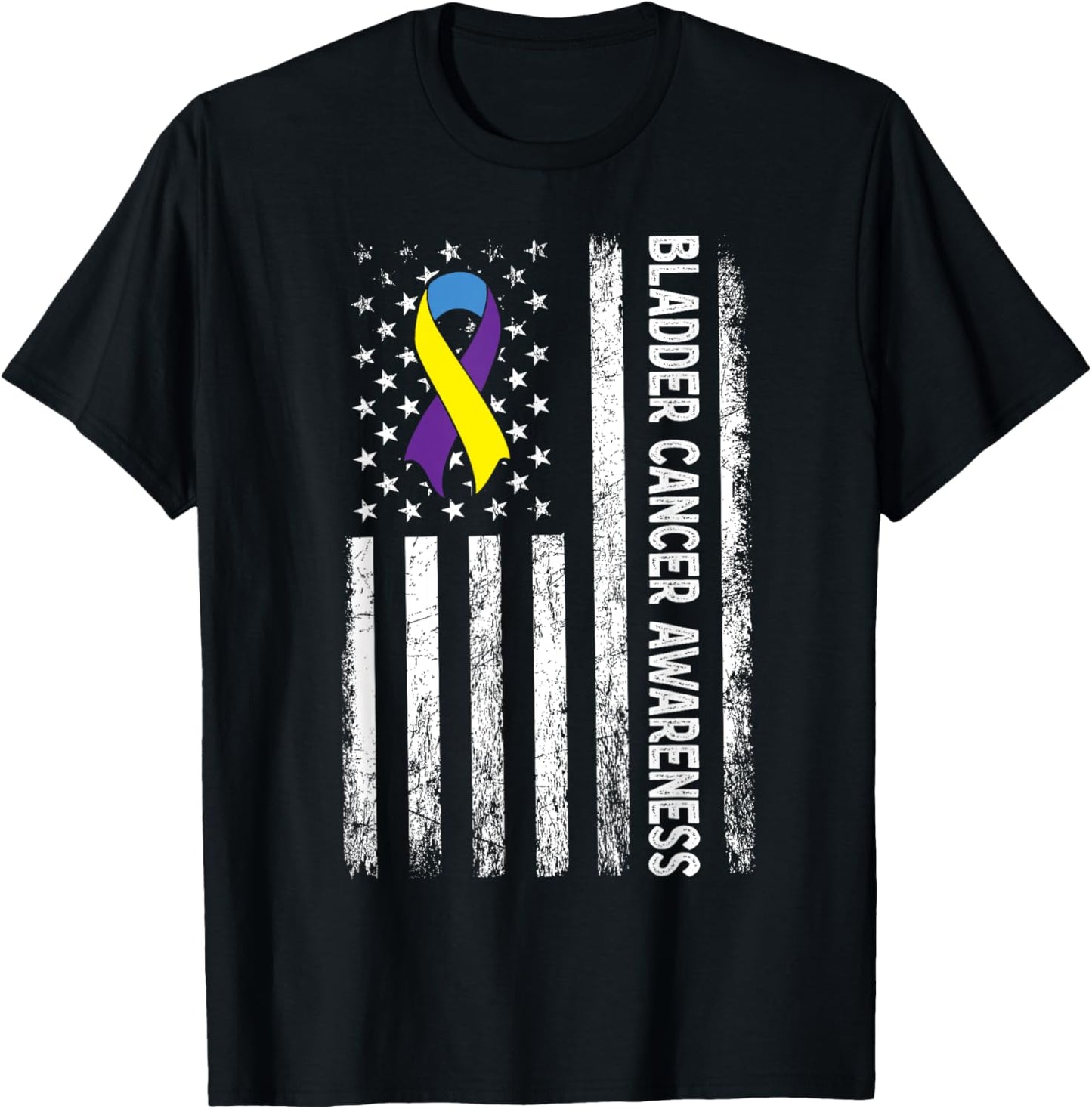 Bladder Cancer Awareness Purple Yellow Blue American Flag T-Shirt - T-Shirt | Black
