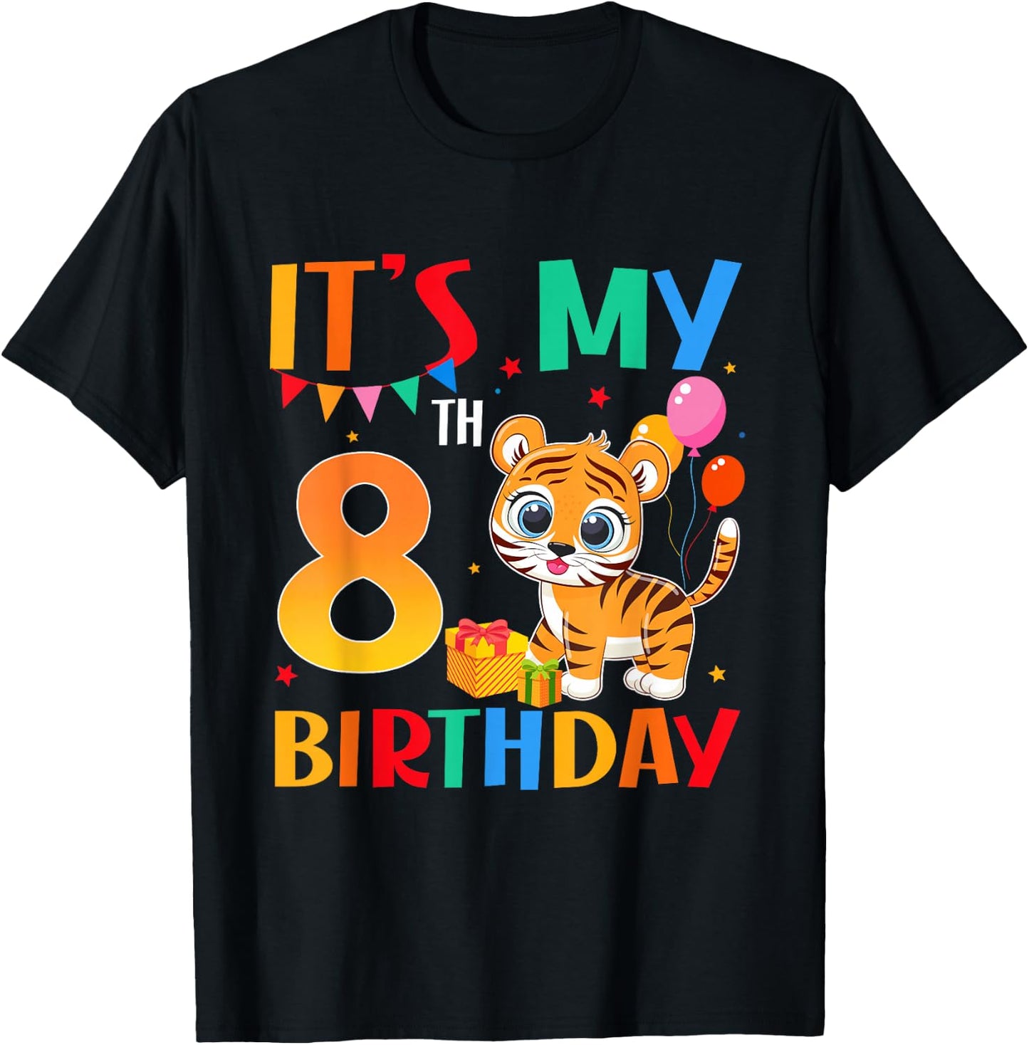 It's My 8th Birthday Tiger Theme 8 Year Old Boy Girl Party T-Shirt - T-Shirt | Black