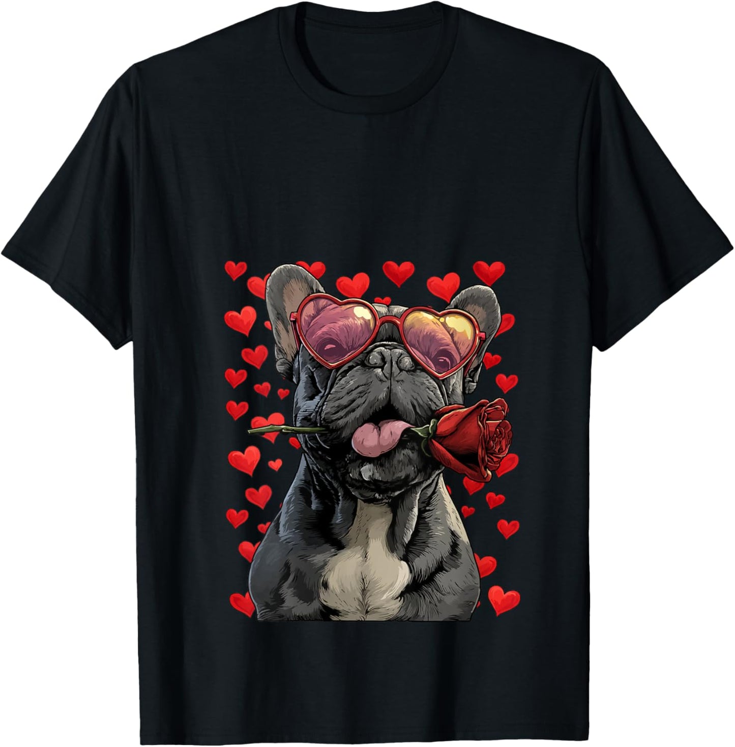 French Bulldog with Heart Glasses Rose Valentine's Day Dog V-Neck T-Shirt - T-Shirt | Black
