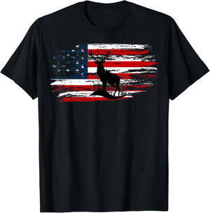 American Deer Hunter Patriotic Vintage US Flag Hunting T-Shirt - T-Shirt | Black