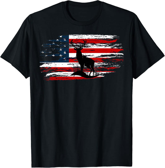 American Deer Hunter Patriotic Vintage US Flag Hunting T-Shirt - T-Shirt | Black
