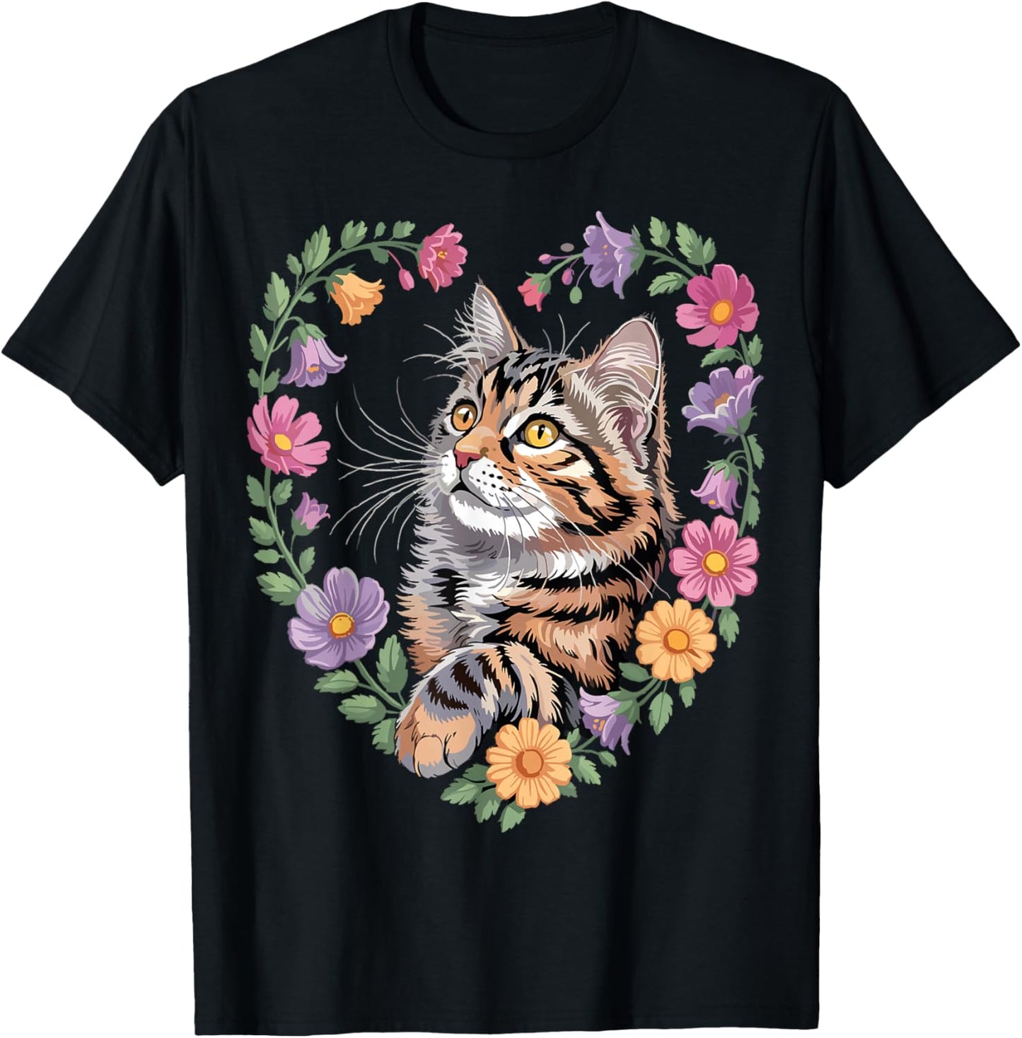 Cat Flower Cute Floral Kitten T-Shirt - T-Shirt | Black