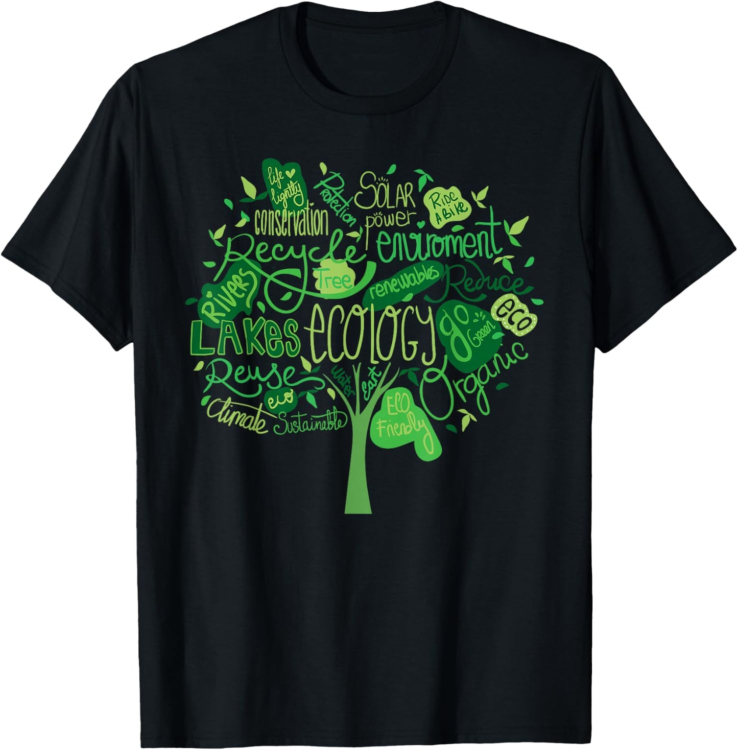 Ecology and Environmental with Green Tree Word Cloud T-Shirt - T-Shirt | Black