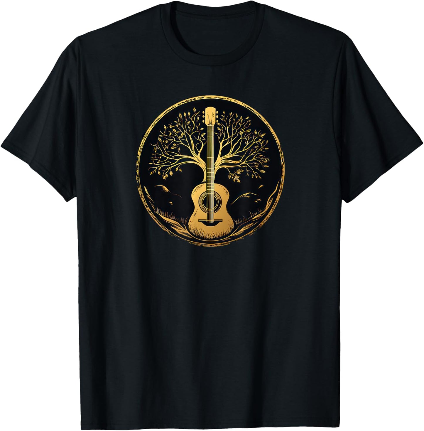 Acoustic Guitar Tree Lake Nature Folk Music Graphic T-Shirt - T-Shirt | Black