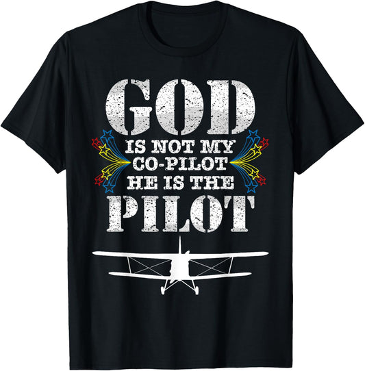 Cool God Is My Pilot | Funny Christian Airplane Control Gift T-Shirt - T-Shirt | Black