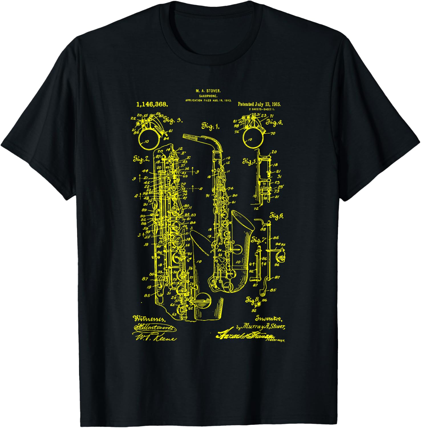 Saxophone Old Vintage Patent Drawing Print Saxophone T-Shirt - T-Shirt | Black