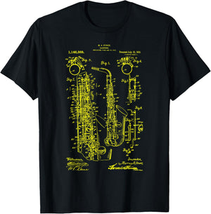 Saxophone Old Vintage Patent Drawing Print Saxophone T-Shirt - T-Shirt | Black