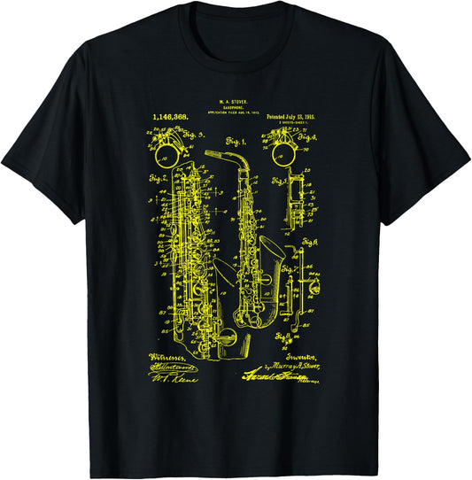 Saxophone Old Vintage Patent Drawing Print Saxophone T-Shirt - T-Shirt | Black