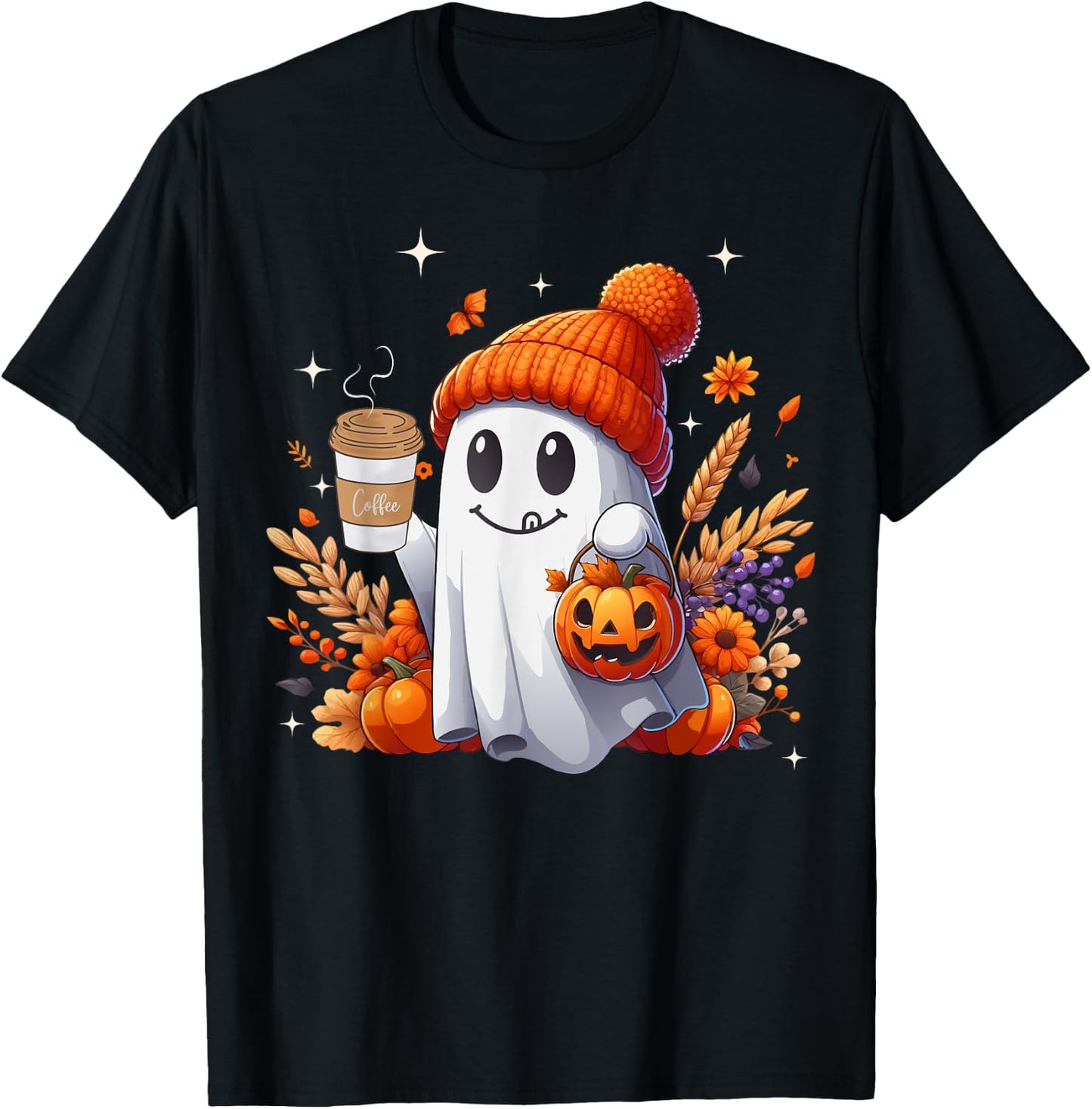 Men Women Autumn Cute Ghost Drinking Coffee Spooky Halloween T-Shirt - T-Shirt | Black