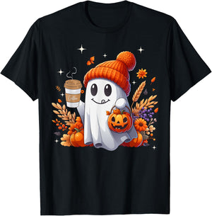 Men Women Autumn Cute Ghost Drinking Coffee Spooky Halloween T-Shirt - T-Shirt | Black