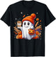 Men Women Autumn Cute Ghost Drinking Coffee Spooky Halloween T-Shirt - T-Shirt | Black