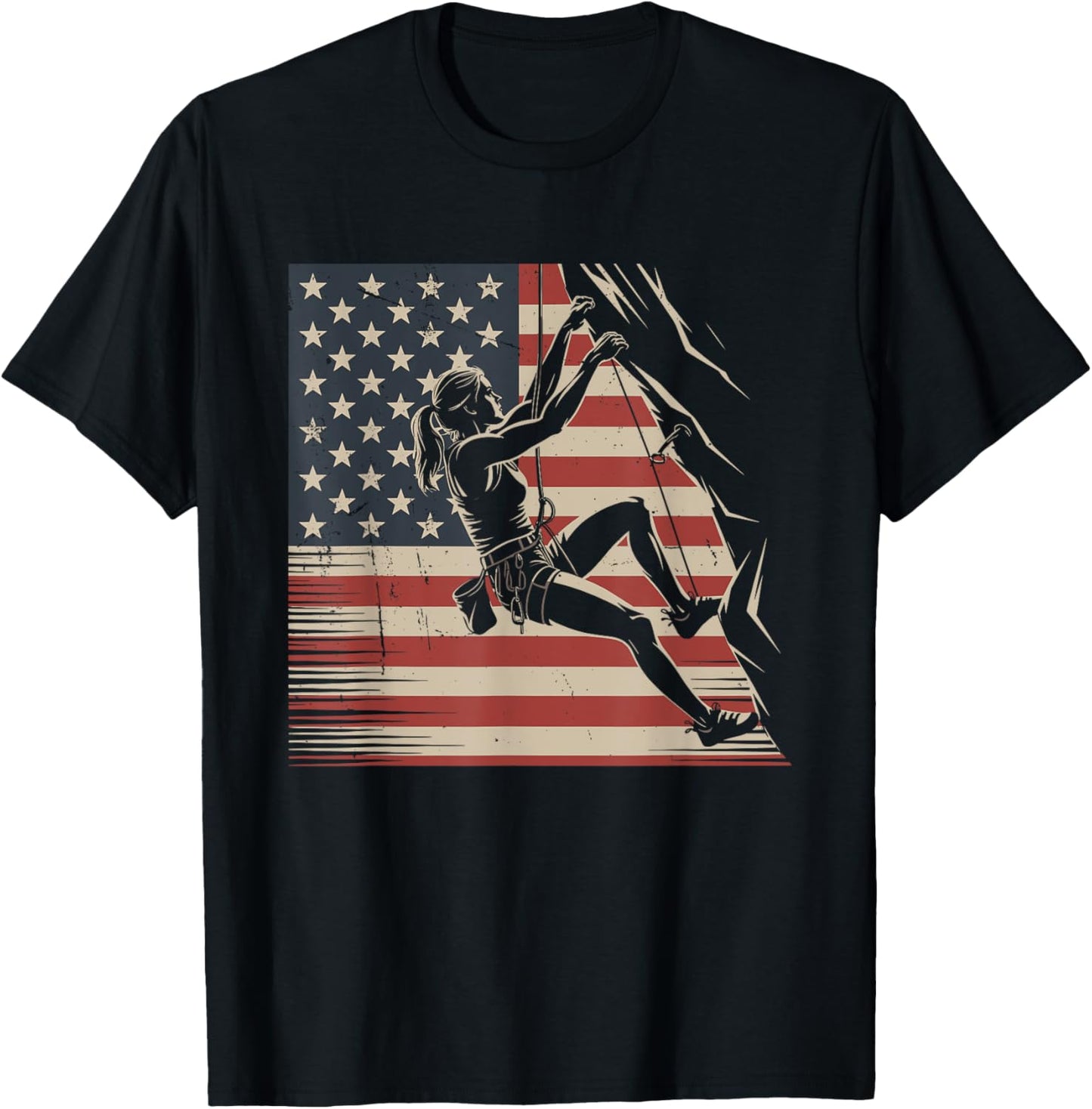 Rock Climbing USA Flag Vintage Rock Climber 4th Of July T-Shirt - T-Shirt | Black