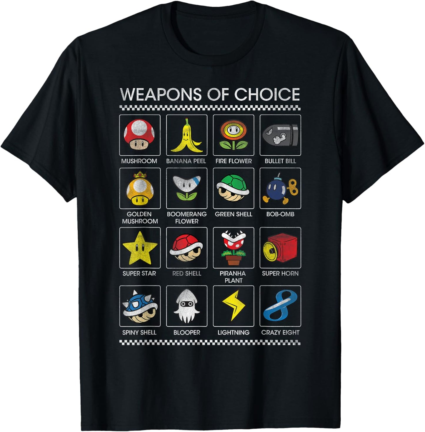 Mario Kart Black : Classic Fit, Short Sleeve, Polyester - Weapons of Choice Poster Design T-Shirt - T-Shirt | Black